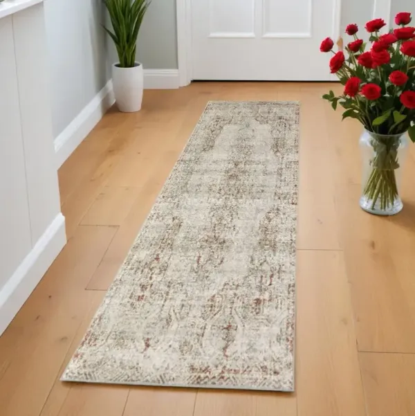 8' Abstract Power Loom Worn Faded Runner Rug With Fringe - Ivory Gray And Brown