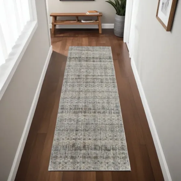 8' Abstract Power Loom Worn Faded Runner Rug With Fringe - Gray Ivory And Blue