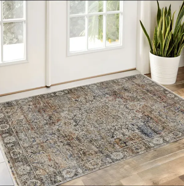 3' x 5' Oriental Power Loom Area Rug With Fringe - Tan Blue And Brown