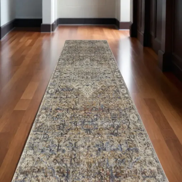 10' Oriental Power Loom Runner Rug With Fringe - Tan Blue And Brown