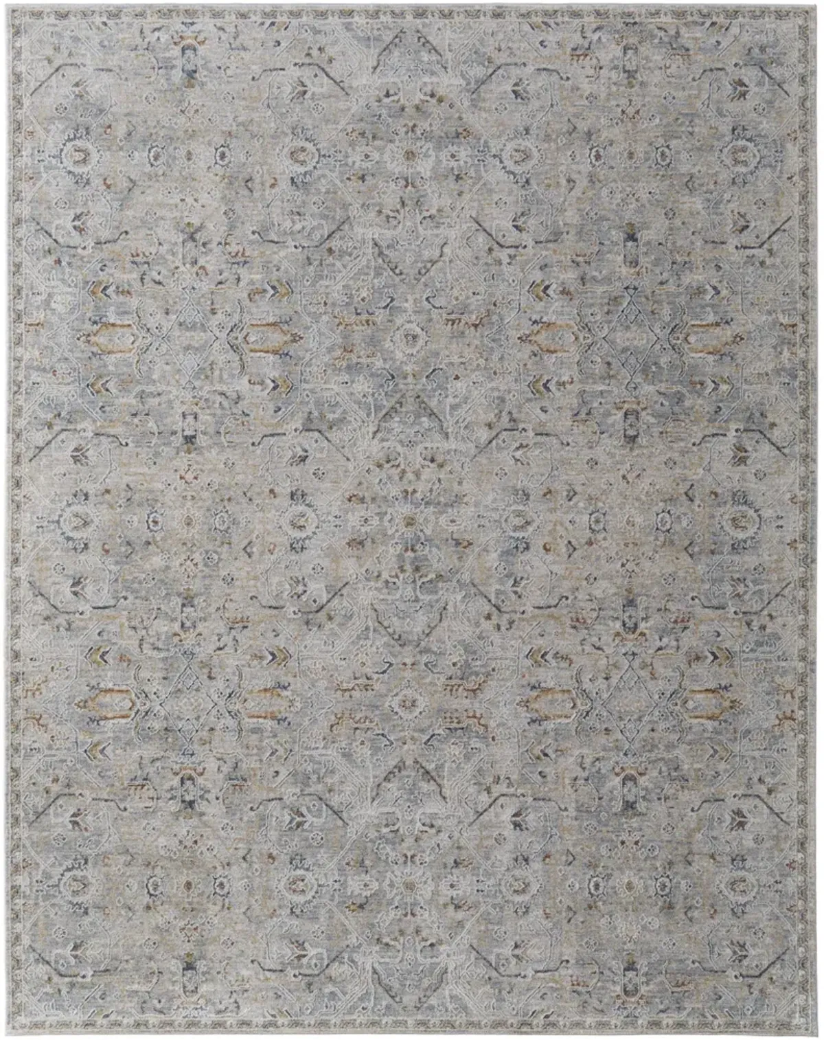 9' x 13' Abstract Power Loom Worn Faded Area Rug With Fringe - Ivory Tan And Blue