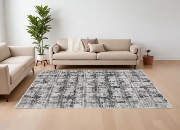 7.8' x 10.3' Abstract Power Loom Area Rug - Gray And Ivory