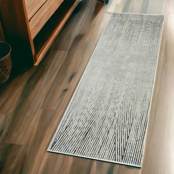 7' Machine Woven Geometric Lines Indoor Runner Rug - Ivory Gray