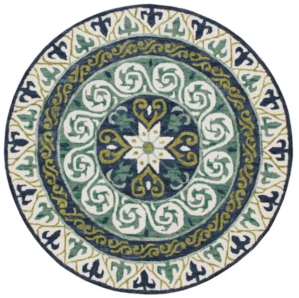 7' Round Ornate Medallion Area Rug - Blue And Green