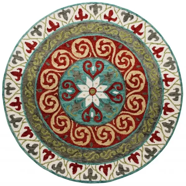 5' Round Medallion Area Rug - Red And Sage