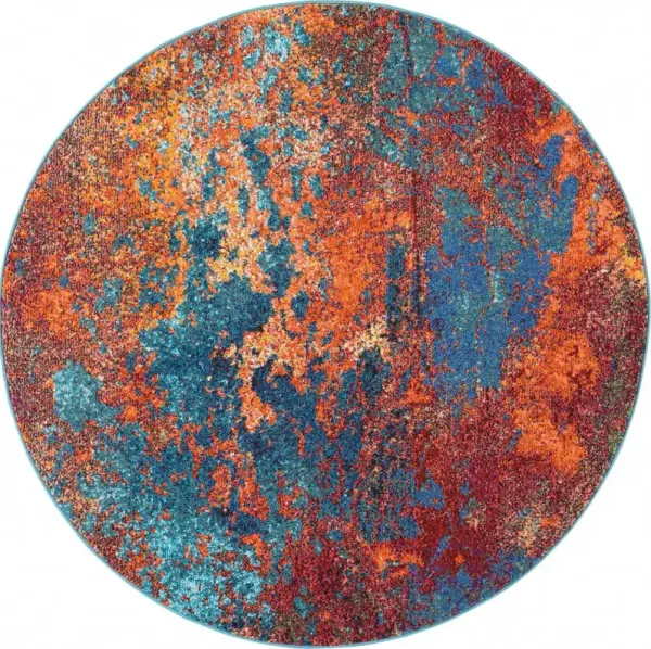 4' x 4' Round Abstract Power Loom Non Skid Area Rug - Atlantic