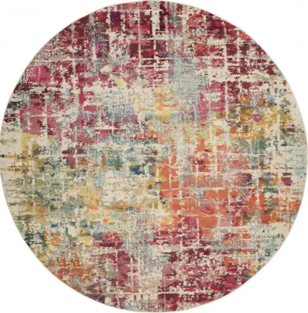 8' x 8' Round Abstract Power Loom Distressed Non Skid Area Rug - Pink