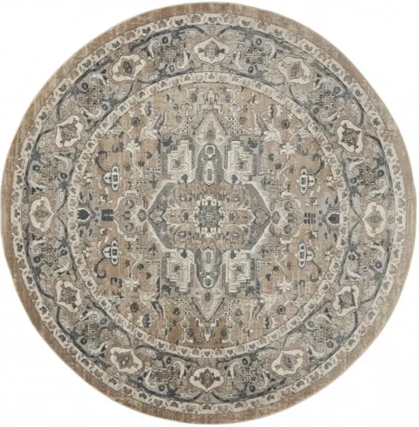 8' x 8' Round Oriental Power Loom Non Skid Area Rug - Beige And Gray