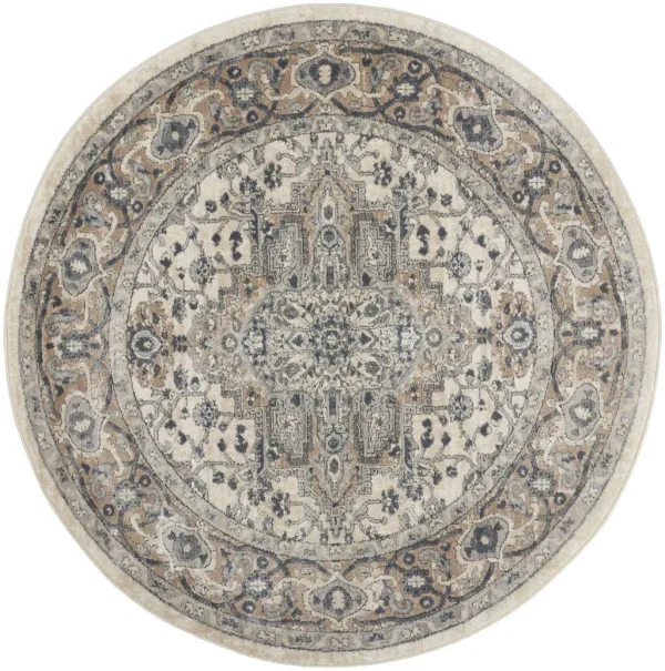 4' Round Oriental Power Loom Non Skid Area Rug - Ivory And Gray