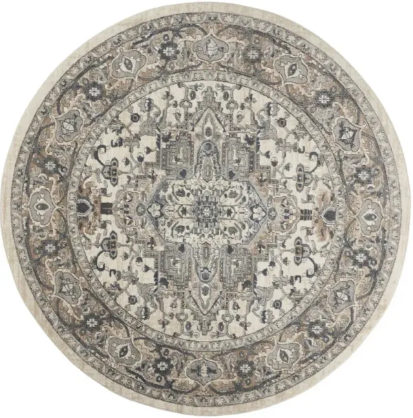 8' Round Oriental Power Loom Non Skid Area Rug - Ivory And Gray