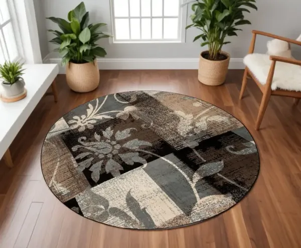 8' Floral Distressed Round Rug - Beige Brown And Gray