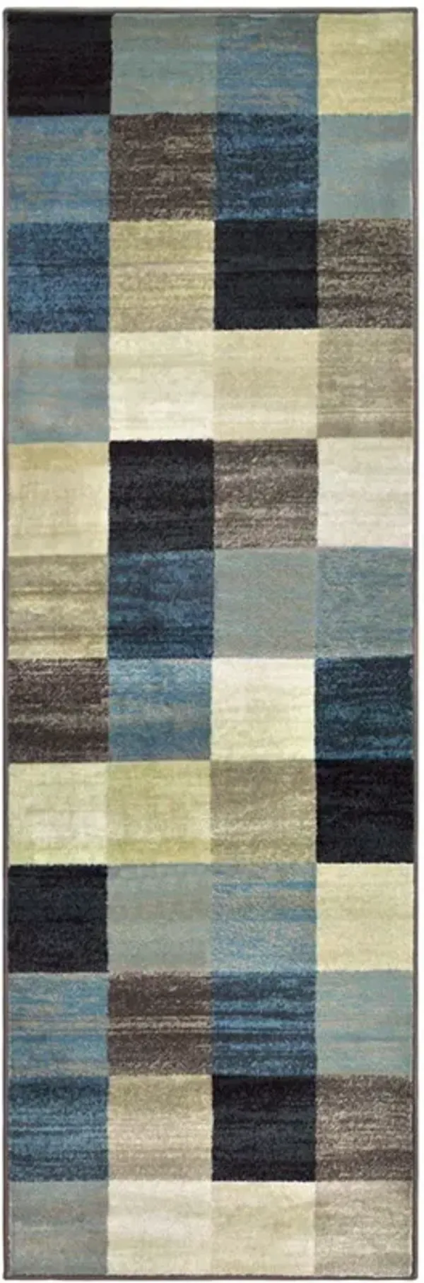 8' Geometric Power Loom Stain Resistant Runner Rug - Blue And Teal