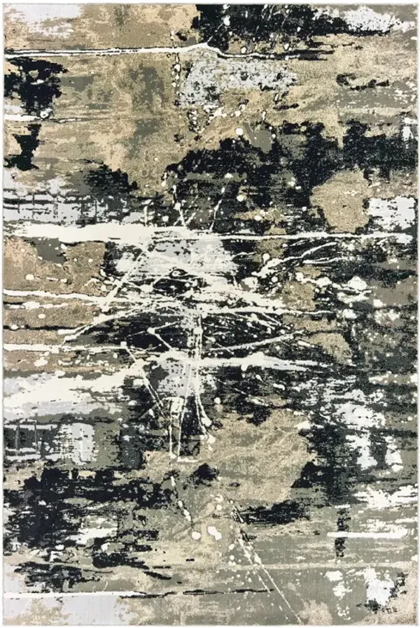 10' x 13' Abstract Power Loom Stain Resistant Area Rug - Black Gold Gray And Ivory