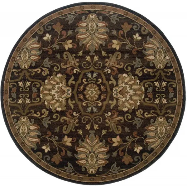 8' Round Oriental Power Loom Stain Resistant Area Rug - Brown