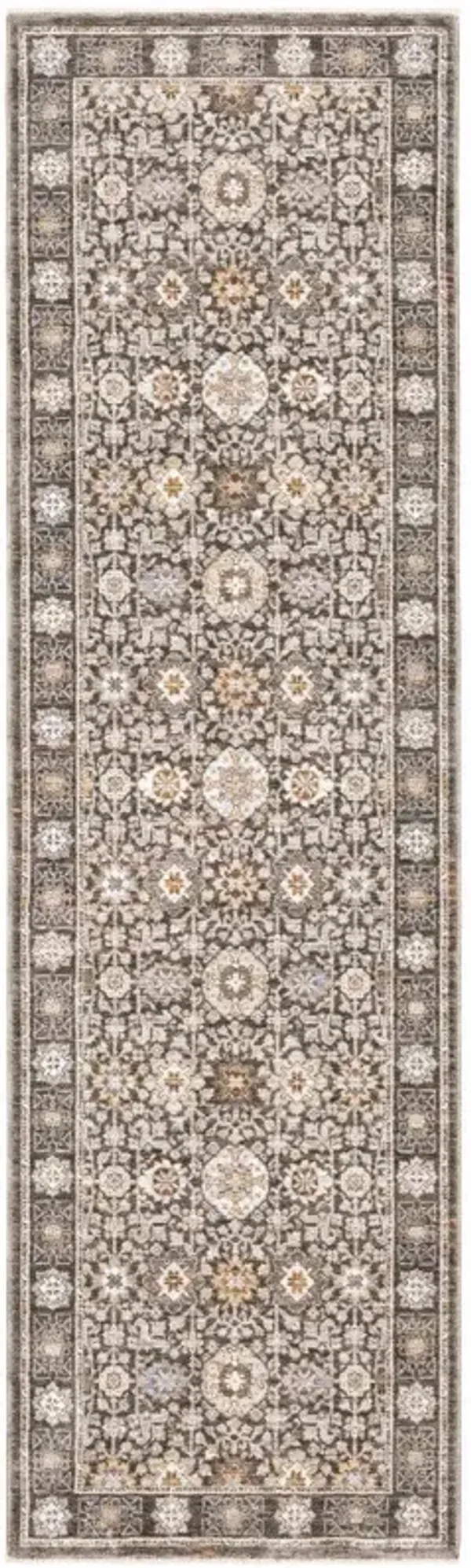 2.2' x 7.7' Oriental Power Loom Stain Resistant Runner Rug With Fringe - Grey And Ivory