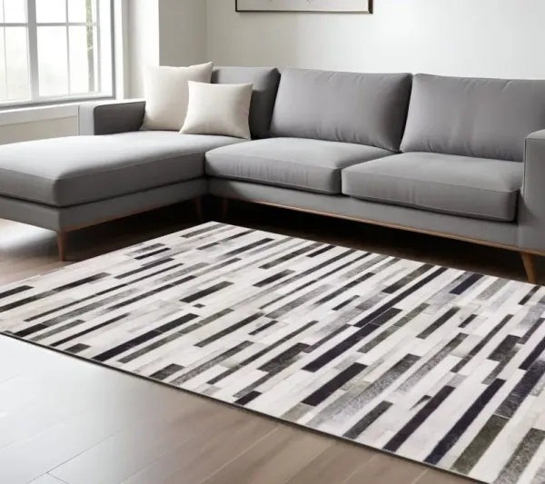 8' x 10' Geometric Power Loom Stain Resistant Area Rug - Gray Charcoal And Beige