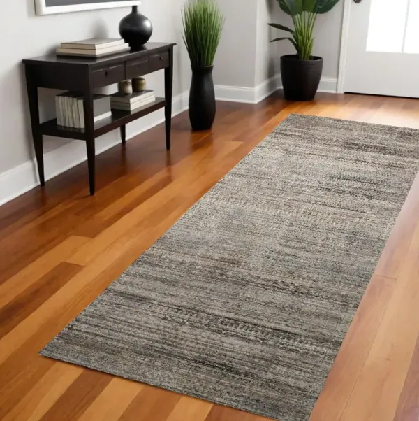 8' Abstract Distressed Runner Rug With Fringe - Ivory Gray And Black