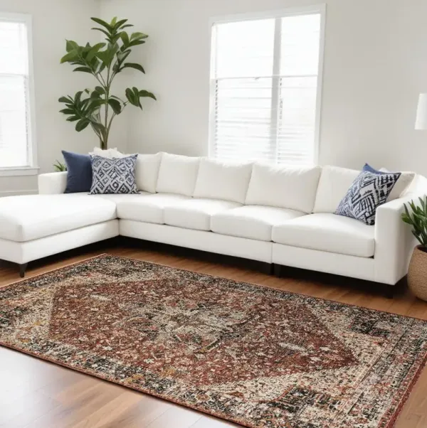8' x 10' Abstract Distressed Area Rug With Fringe - Red Ivory And Black