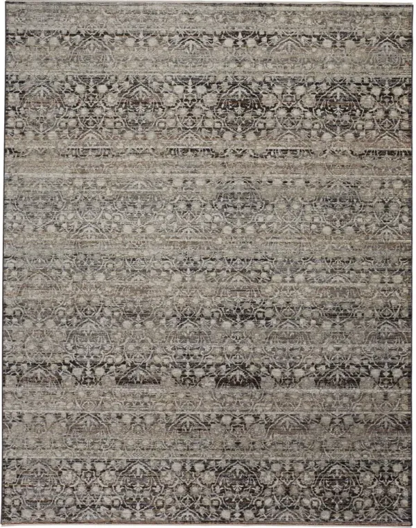 7' x 10' Abstract Distressed Area Rug With Fringe - Gray Ivory And Tan