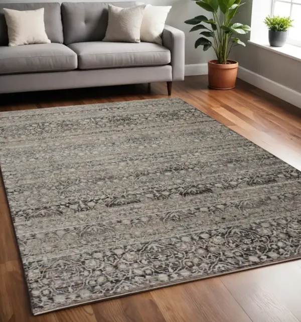 5' x 8' Abstract Distressed Area Rug With Fringe - Gray Ivory And Tan