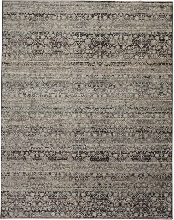 8' x 10' Abstract Distressed Area Rug With Fringe - Gray Ivory And Tan