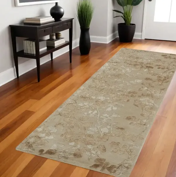 8' Wool Floral Tufted Handmade Runner Rug - Ivory Tan And Gold
