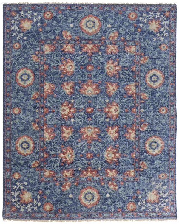 5.5' x 8.5' Wool Floral Hand Knotted Stain Resistant Area Rug - Blue And Red