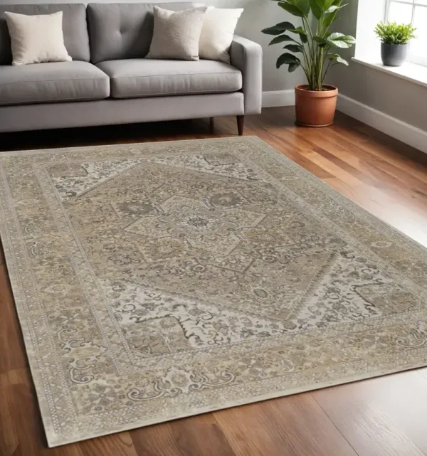 5' x 8' Floral Power Loom Distressed Area Rug - Brown Ivory And Tan