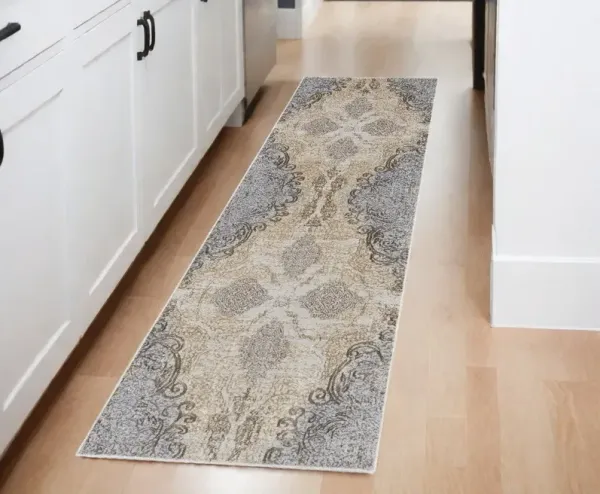 8' Medallion Power Loom Distressed Runner Rug - Gray And Brown