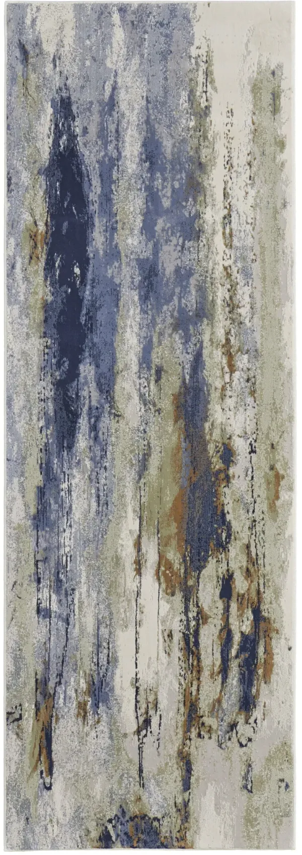 8' Abstract Power Loom Runner Rug - Blue Orange And Ivory