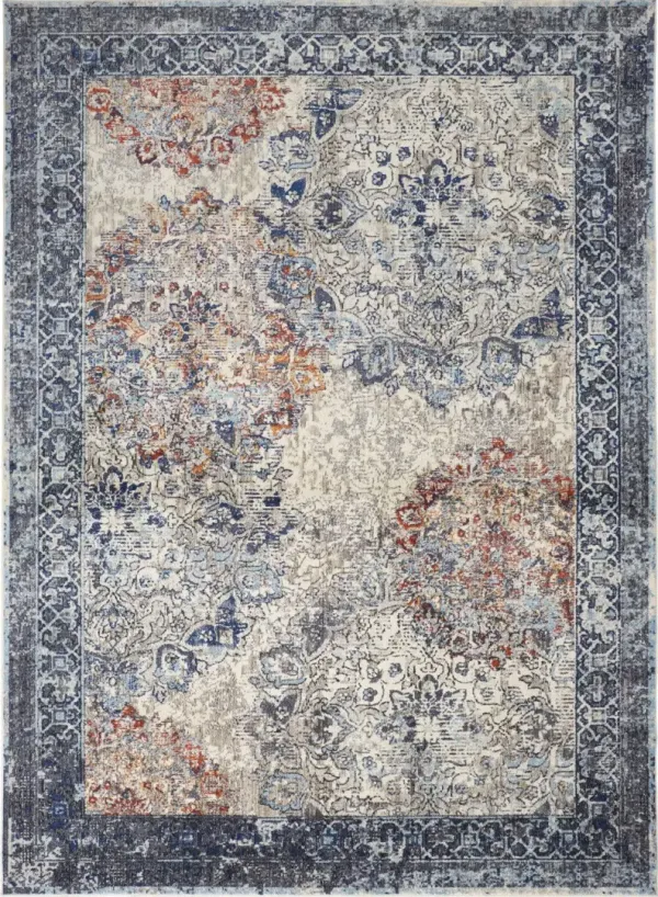 8' x 11' Floral Power Loom Distressed Stain Resistant Area Rug - Blue Ivory And Red