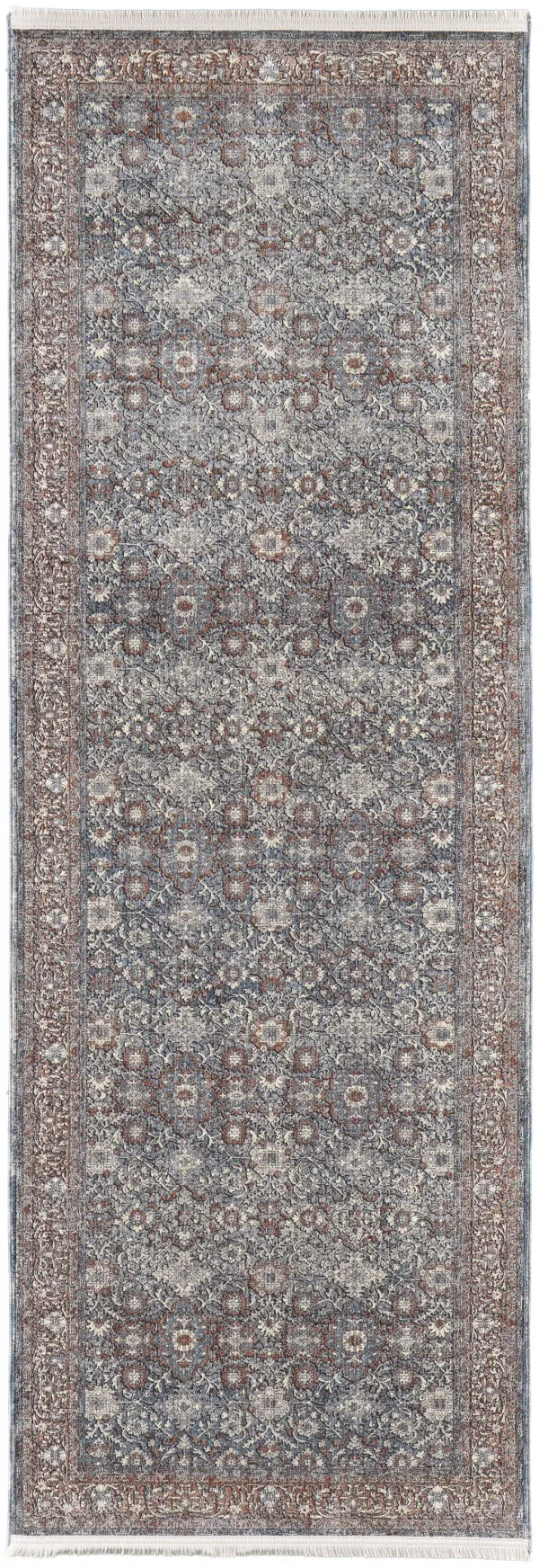 12' Floral Power Loom Runner Rug - Blue And Red
