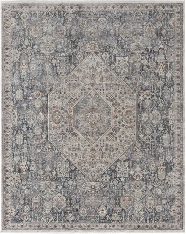 7' x 10' Floral Power Loom Stain Resistant Area Rug - Blue And Ivory