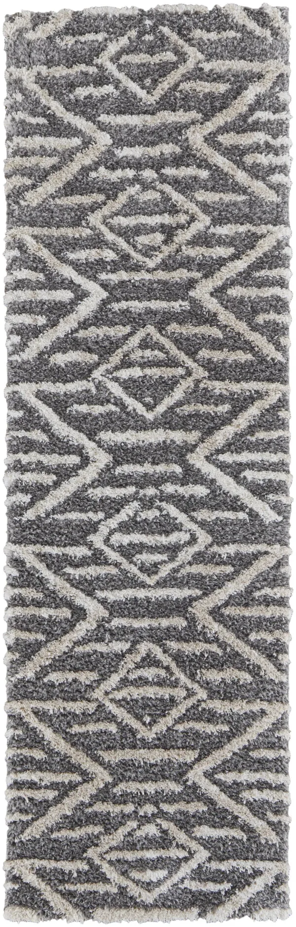 8' Geometric Power Loom Stain Resistant Runner Rug - Gray And Ivory