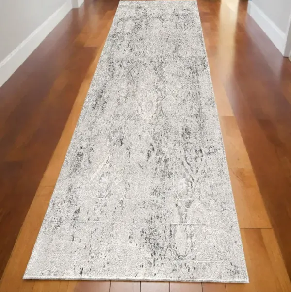 10' Oriental Distressed Runner Rug - Gray And Ivory
