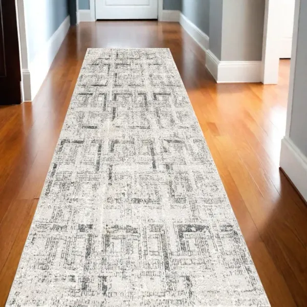 15' Geometric Distressed Runner Rug - Ivory And Gray