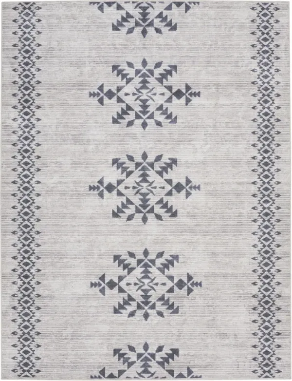 9' x 12' Geometric Power Loom Washable Area Rug - Gray And Ivory