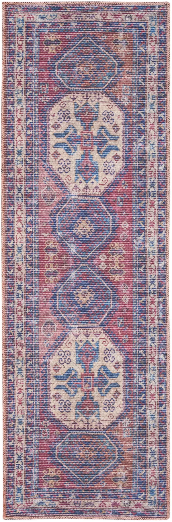 10' Floral Power Loom Distressed Washable Runner Rug - Blue And Red