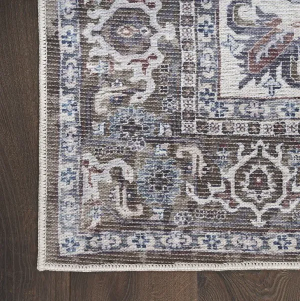 10' Floral Power Loom Distressed Washable Runner Rug - Green And Ivory