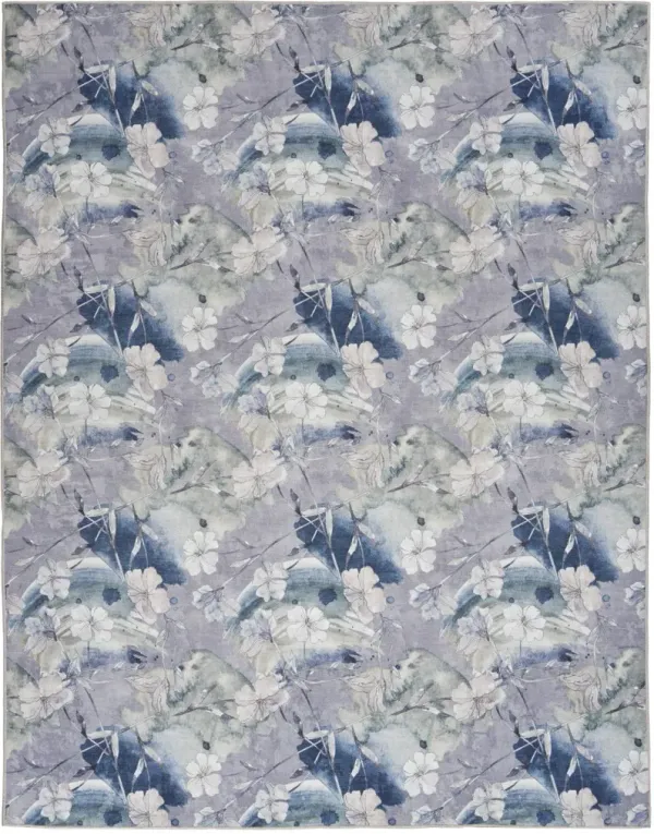 8' x 10' Floral Power Loom Washable Non Skid Area Rug - Ivory Blue And Gray