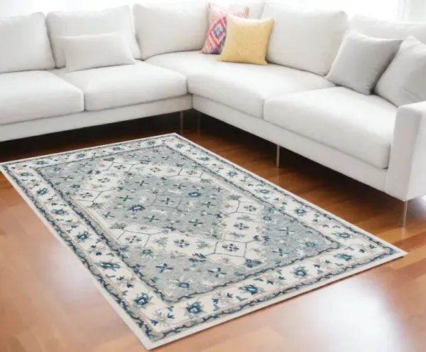 7.8' x 9.8' Wool Floral Hand Tufted Area Rug - Blue And Ivory