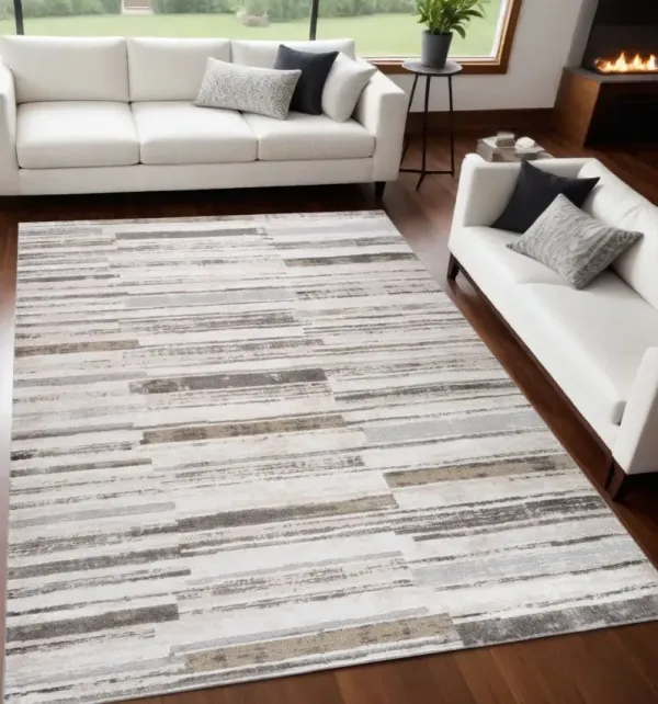 5.3' x 5.3' Modern Abstract Distressed Area Rug - Beige And Brown