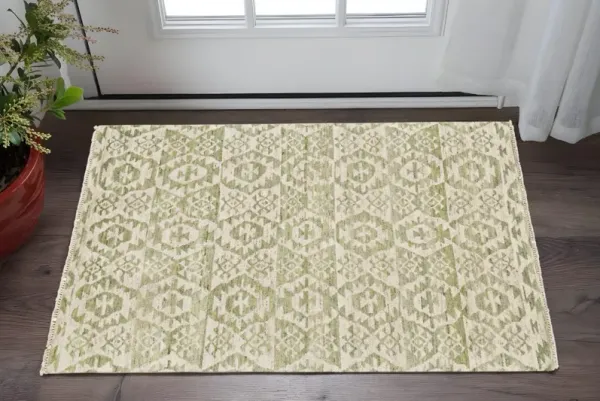 2' x 3' Wool Southwestern Hand Knotted Area Rug - Green And Ivory