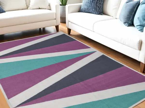 5' x 8' Geometric Power Loom Area Rug - Ivory Purple And Green