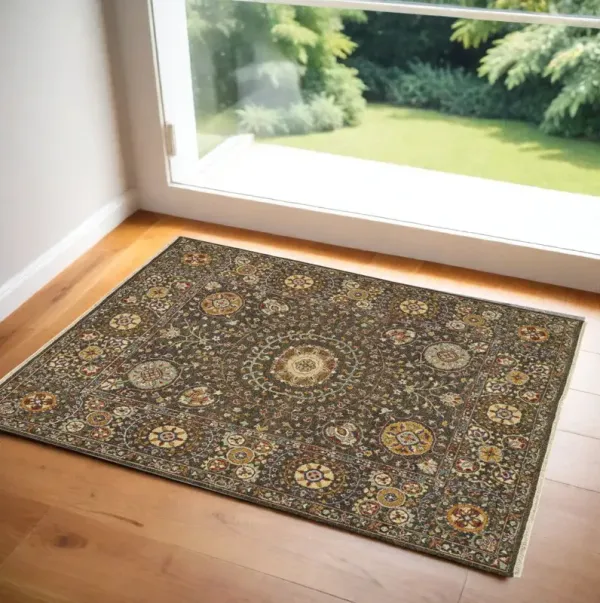 2' x 3' Wool Geometric Hand Knotted Area Rug - Brown And Gold
