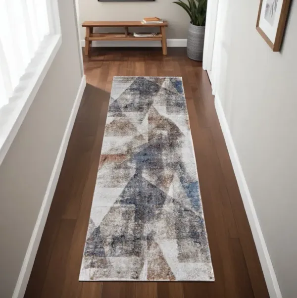 8' Checkered Power Loom Runner Rug - Gray Blue And Ivory