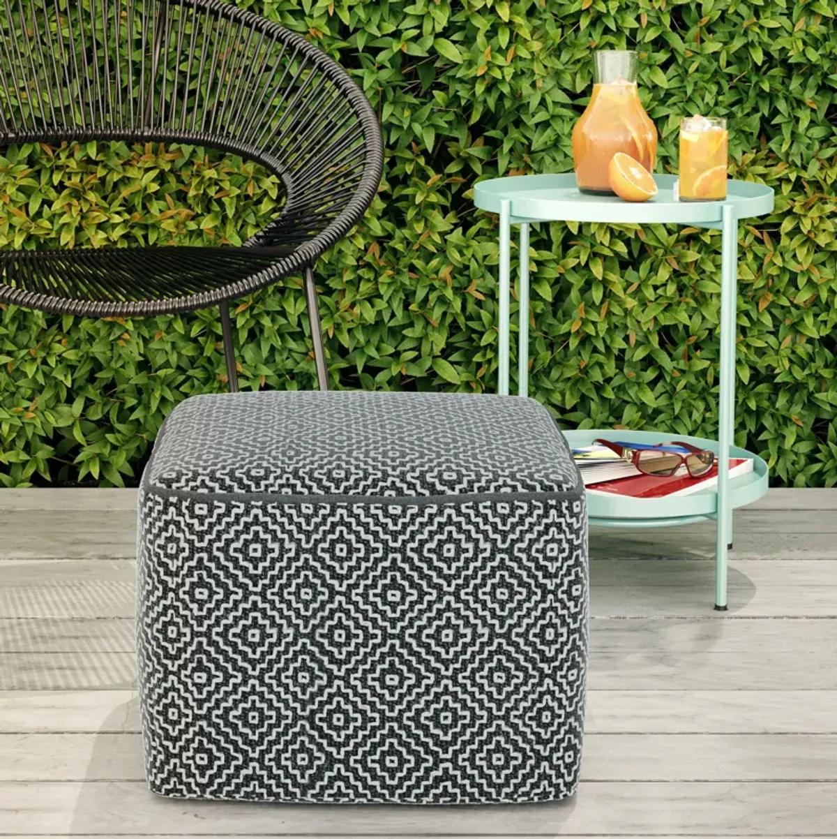 Briella - Square Woven Outdoor / Indoor Pouf - Gray / White