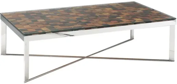 Mosaic Wood Steel And Glass Coffee Table - Brown and Silver