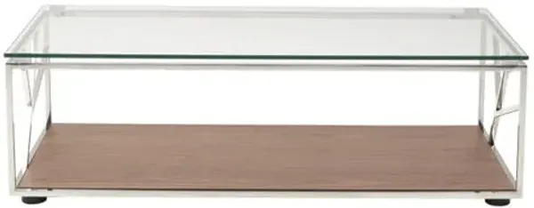 Walnut Veneer Glass And Steel Coffee Table - Clear Silver and Brown