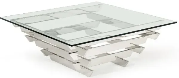 Glass And Stainless Steel Square Coffee Table With Shelf - Clear And Silver